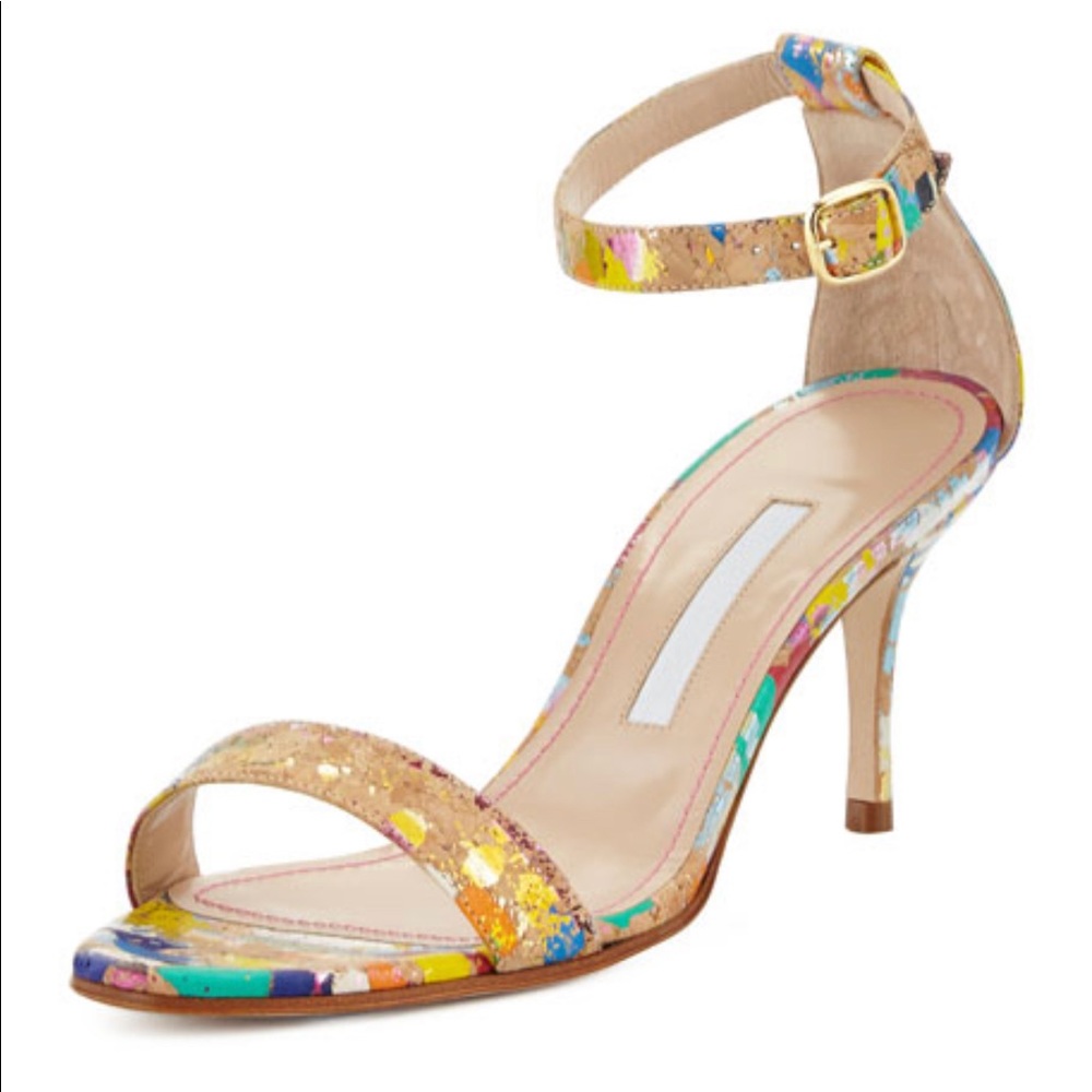 Manolo Blahnik
Chaos Paint-Splatter Cork Sandal, Multi.